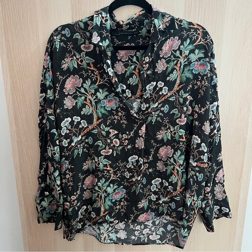 Zara Black Floral Blouse Oversized Small